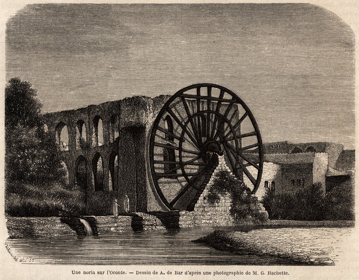 La noria (hydraulinen kone vedenpinnan nostamiseen virran tuottaman energian avulla) Oronte-joella, Lähi-idän joella, joka ylittää Syyrian Välimerelle, piirros A.de Bar, havainnollistamaan Ernestin tehtävää Renan (1 tekijältä Alexandre de (after) Bar