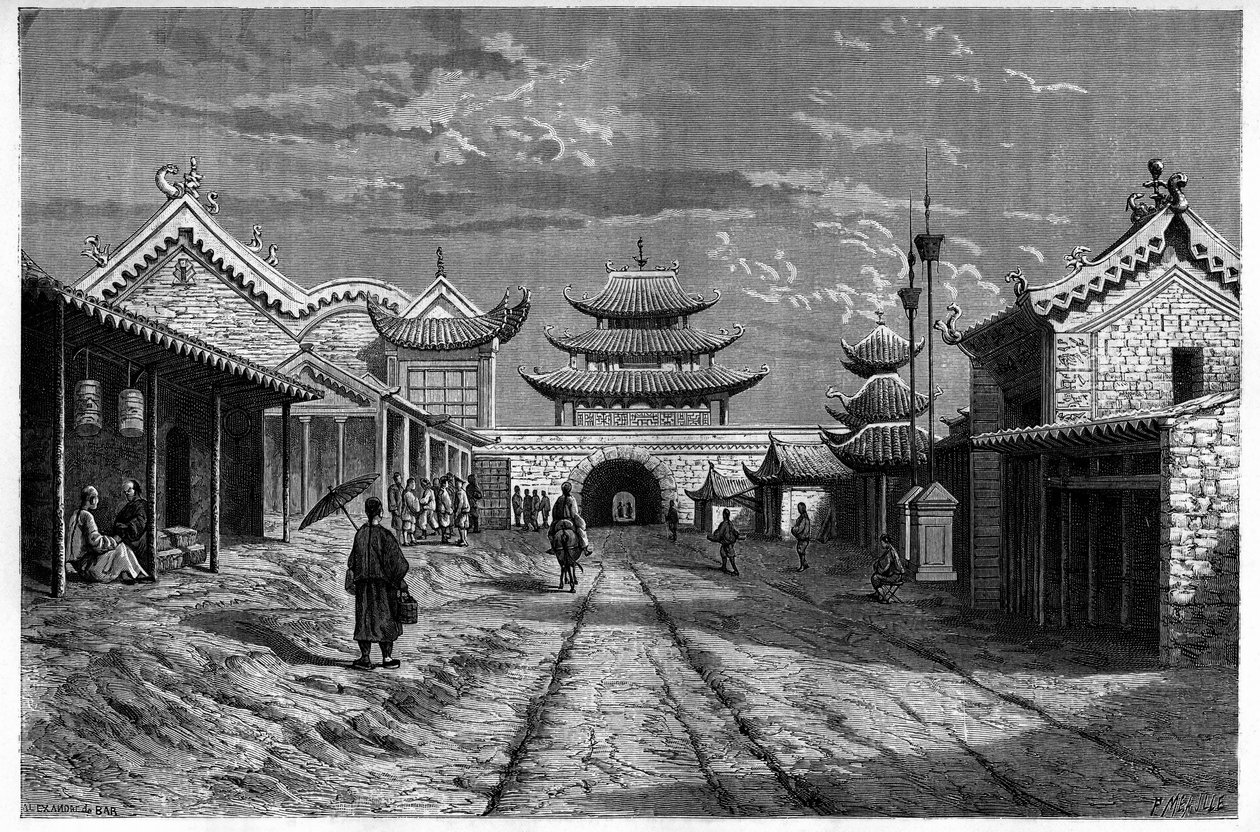 Näkymä kadulta osoitteessa "Youn Tchen Sian", Kiina. Kaiverrus A. de Barin piirustuksen jälkeen julkaisussa "Le Tour du Monde, Nouveau Journal des Voyages", toimittanut Edouard Charton, Paris tekijältä Alexandre de (after) Bar