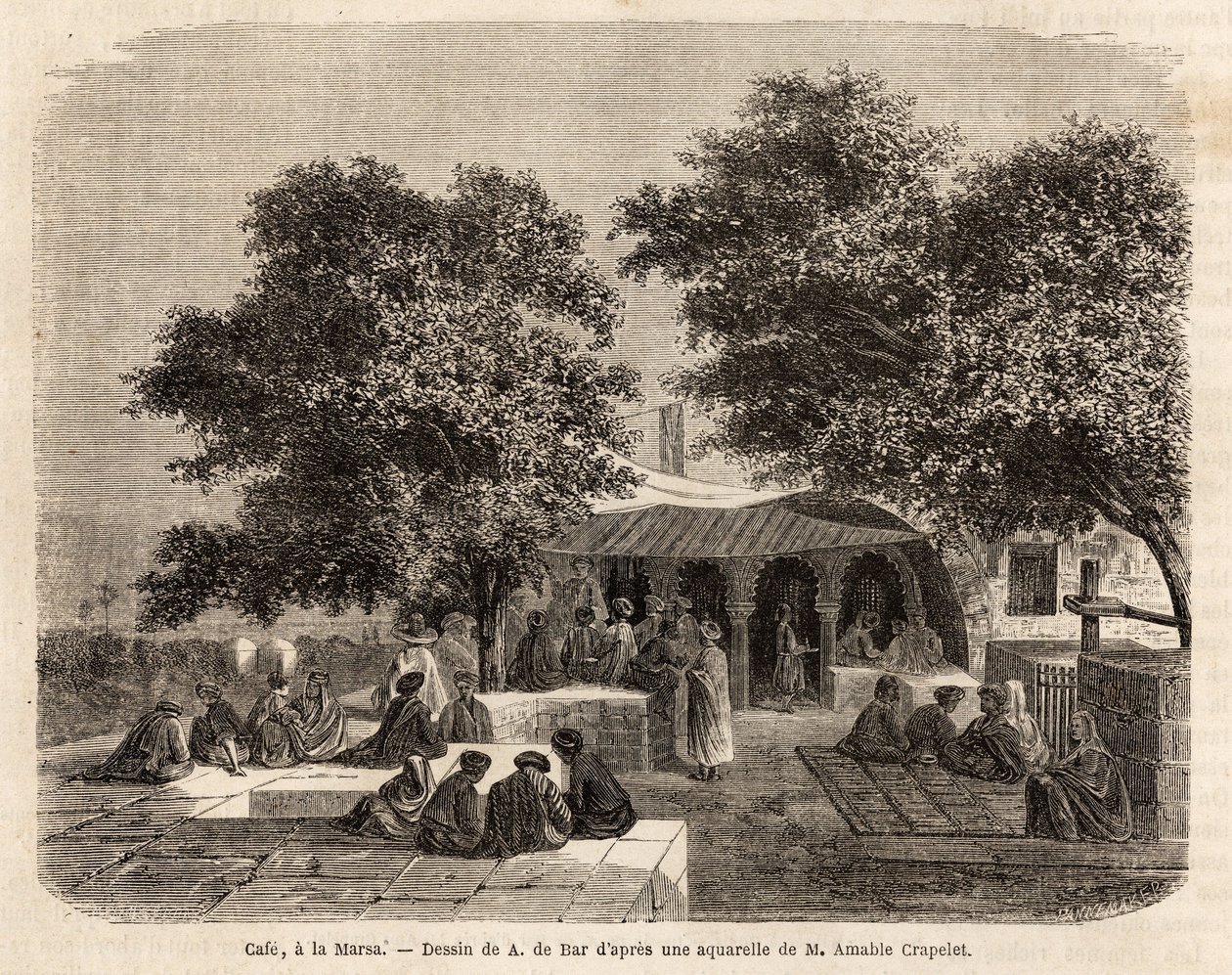 Näkymä kahvilasta La Marsassa (Tunis), piirtänyt A.de Bar havainnollistamaan Amable Crapeletin matkaa Tunisiin vuonna 1859. Kaiverrus kirjassa "" Le tour du monde", toimittanut Edouard Charton tekijältä Alexandre de (after) Bar