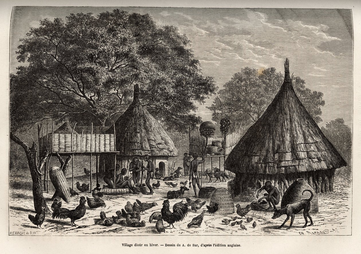 Village Diour talvella (Sudan) ja asukkaiden päivittäiset toimet yhteisön kasvattamien eläinten keskellä, kaiverrus A. de Barin piirustuksen jälkeen, havainnollistaen matkaa Afrikan sydämeen vuosina 1868-1871, Dr. Georges Schweinfurt tekijältä Alexandre de (after) Bar