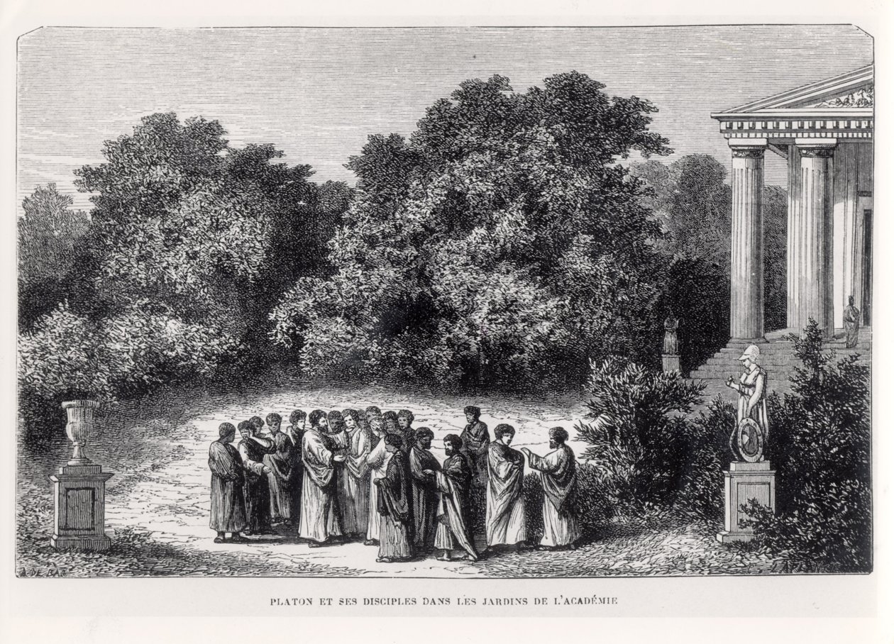 Platon (n. 427-n. 348 eKr.) ja hänen opetuslapsensa Akatemian puutarhassa, Louis Figuierin teoksesta "La Vie des Savants Illustres", kaiverrus Laplante, n. 1870 tekijältä Alexandre de Bar