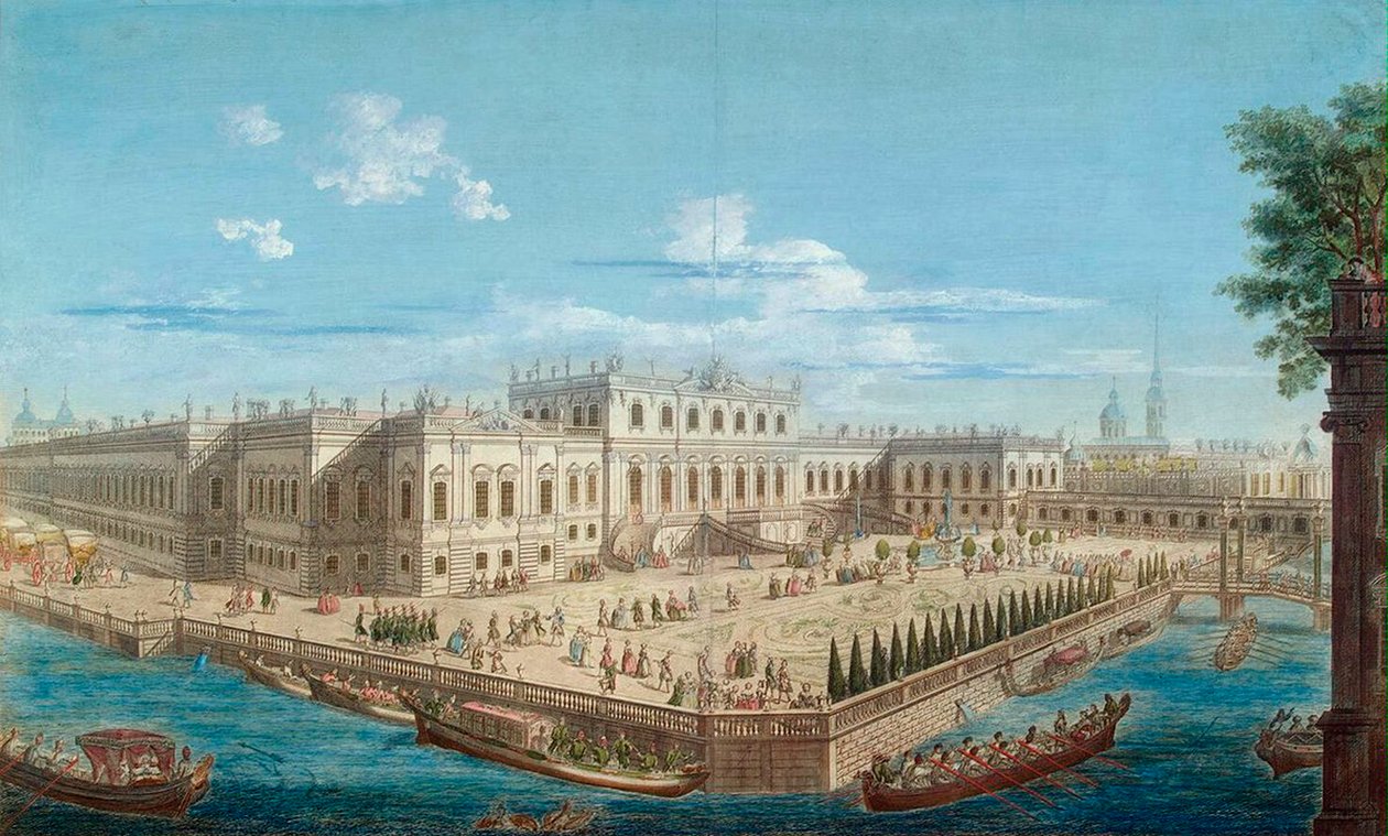 Näkymä keisarinna Elisabetin kesäpalatsista Fontanka-joen varrella Pietarissa, 1753. tekijältä Alexei Angileevich Grekov