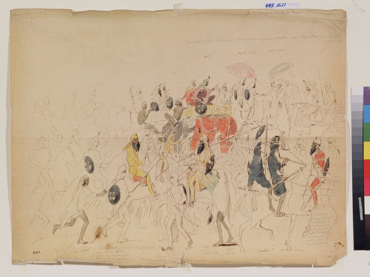 Punjabin (Intia) Maharaja Sher Singhin (1807-1843) ja Britannian suurlähettilään Clarkin (?) tapaaminen vuonna 1842. Aleksei Dmitrijevitš Saltykovin (1806-1859) työ, kynä, akvarelli ja mustetta paperille tekijältä Alexei Dmitrievich Saltykov