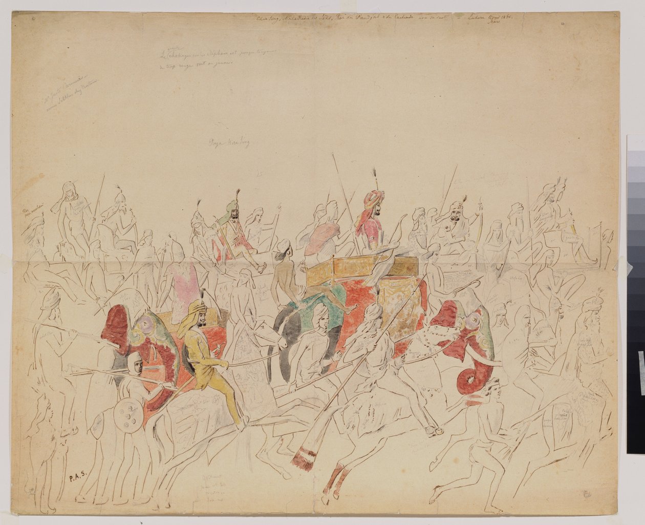 Maharaja Sher Singh (1807-1843) Punjabista (Intia) ja hänen hovissaan. Aleksei Dmitrievich Saltykovin (1806-1859) työ, akvarellikynä ja muste paperille tekijältä Alexei Dmitrievich Saltykov