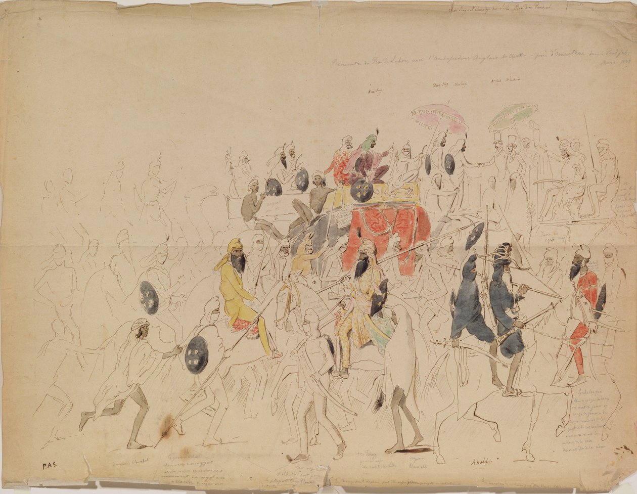 Punjabin Maharaja Sher Singhin ja Britannian suurlähettilään Clarkin tapaaminen vuonna 1842, 1842 tekijältä Alexei Dmitriyevich Saltykov