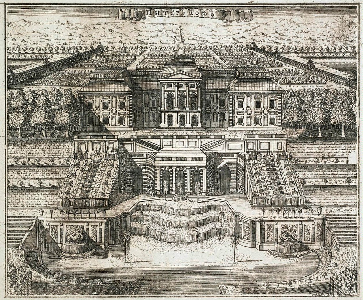 Näkymä Suuresta palatsista Peterhofissa, 1717. tekijältä Alexei Ivanovich Rostovtsev