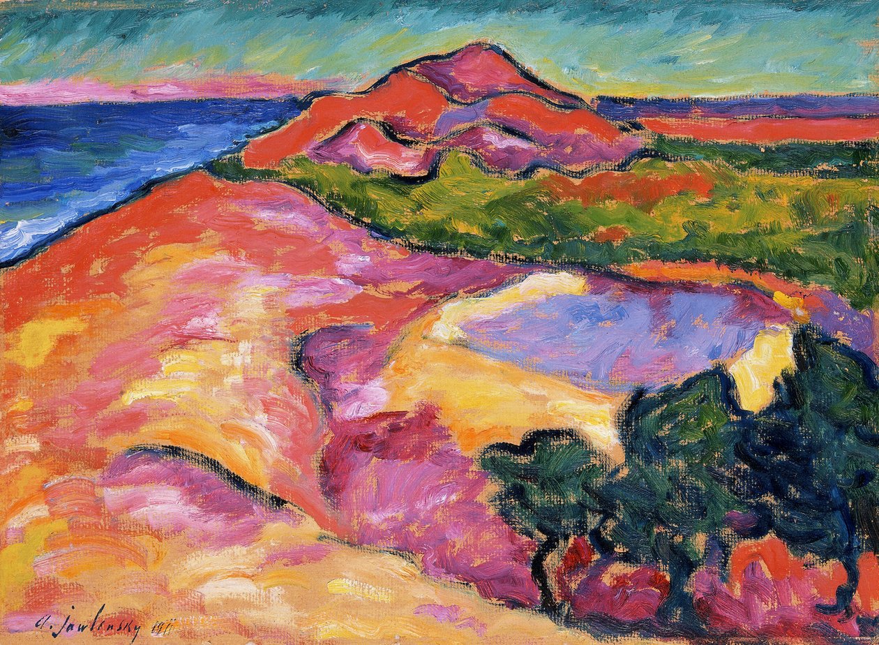 Rannikkokohtaus punaisella kukkulalla, 1911 tekijältä Alexej von Jawlensky