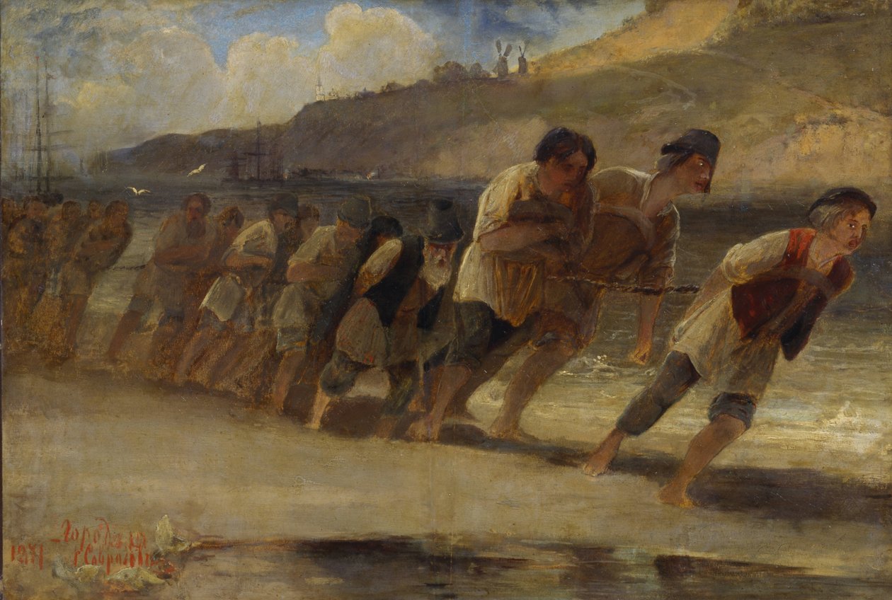 Burlakit Volgalla, 1871. tekijältä Alexei Kondratyevich Savrasov