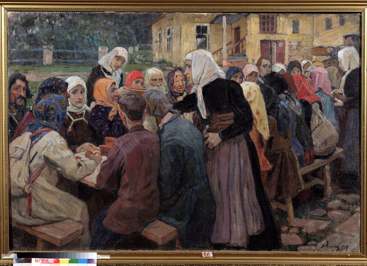 Ateria. Puutarhaan katettu pitkä pöytä lounaan tarjoilemiseksi ihmisjoukolle, päivystävät naiset ovat päällään valkoiset huivit. Aleksei Mikhaylovich Korin (Korine) (1865-1923) maalaus öljy kankaalle tekijältä Alexei Mikhailovich Korin