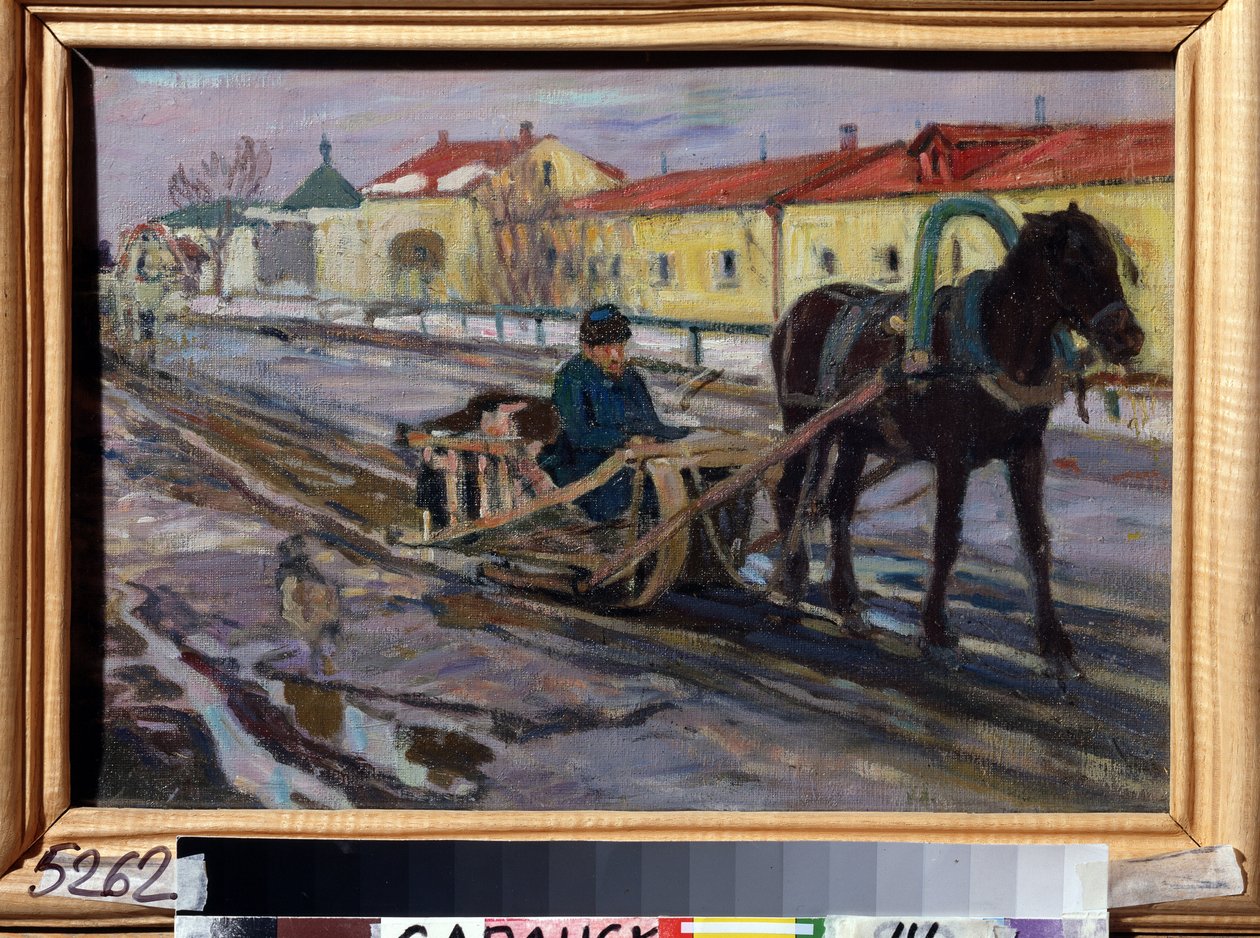 Hevosreki (Sleigh Ride). Venäläisen kylän kadulla mies ajaa talvella joukkuetta. Aleksei Mikhaylovich Korin (Korine) (1865-1923) maalaus öljy kankaalle tekijältä Alexei Mikhailovich Korin