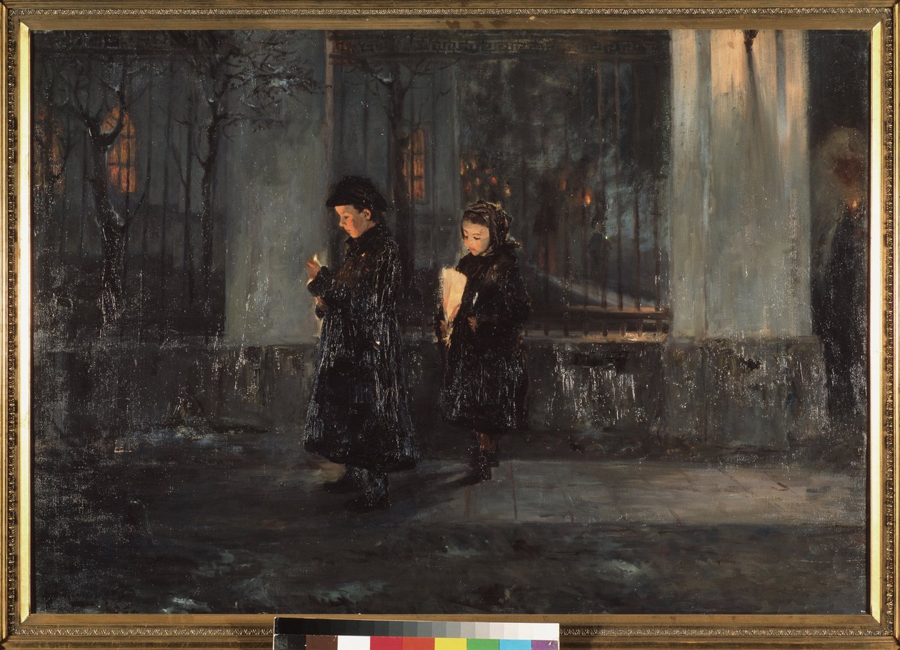 Kiirastorstai. Kaksi pientä tyttöä kynttilät kädessään illalla menossa kirkkoon pääsiäisjuhlaan. Aleksei Nikolajevitš Ostrogradsky (1867-1943), öljy kankaalle tekijältä Alexei Nikolayevich Ostrogradsky