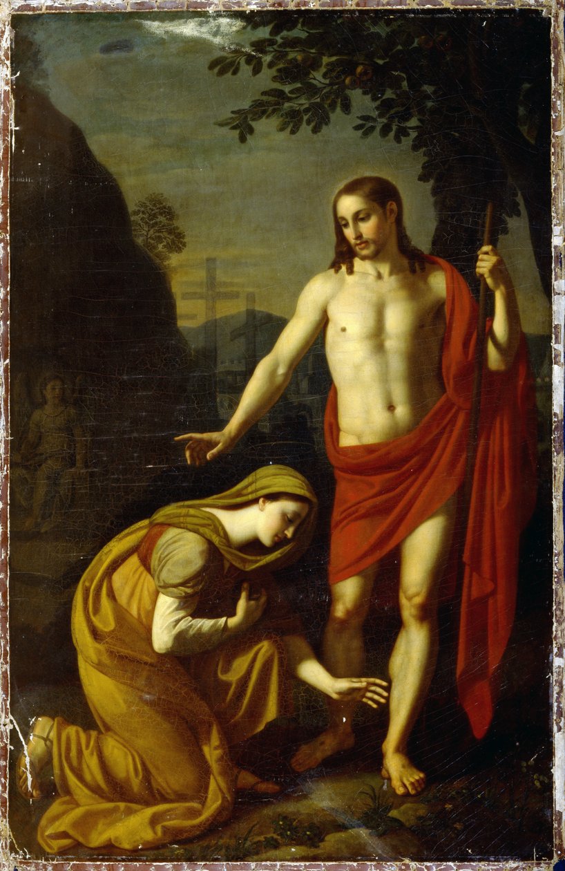 Noli Minä Tangere. (Älä koske minuun). Jeesuksen sanat hänen ylösnousemuksensa aikana, osoitettu Maria de Magdalalle (Maria Magdalena), taustalla kidutusristit Golgata-vuorella. Maalaus Aleksei Jegorovitš Jegorov (1776-1851), öljy kankaalle tekijältä Alexei Yegorovich Yegorov