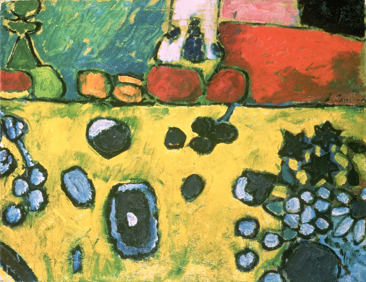 Asetelma värikkäällä pöytäliinalla, 1909 tekijältä Alexej von Jawlensky