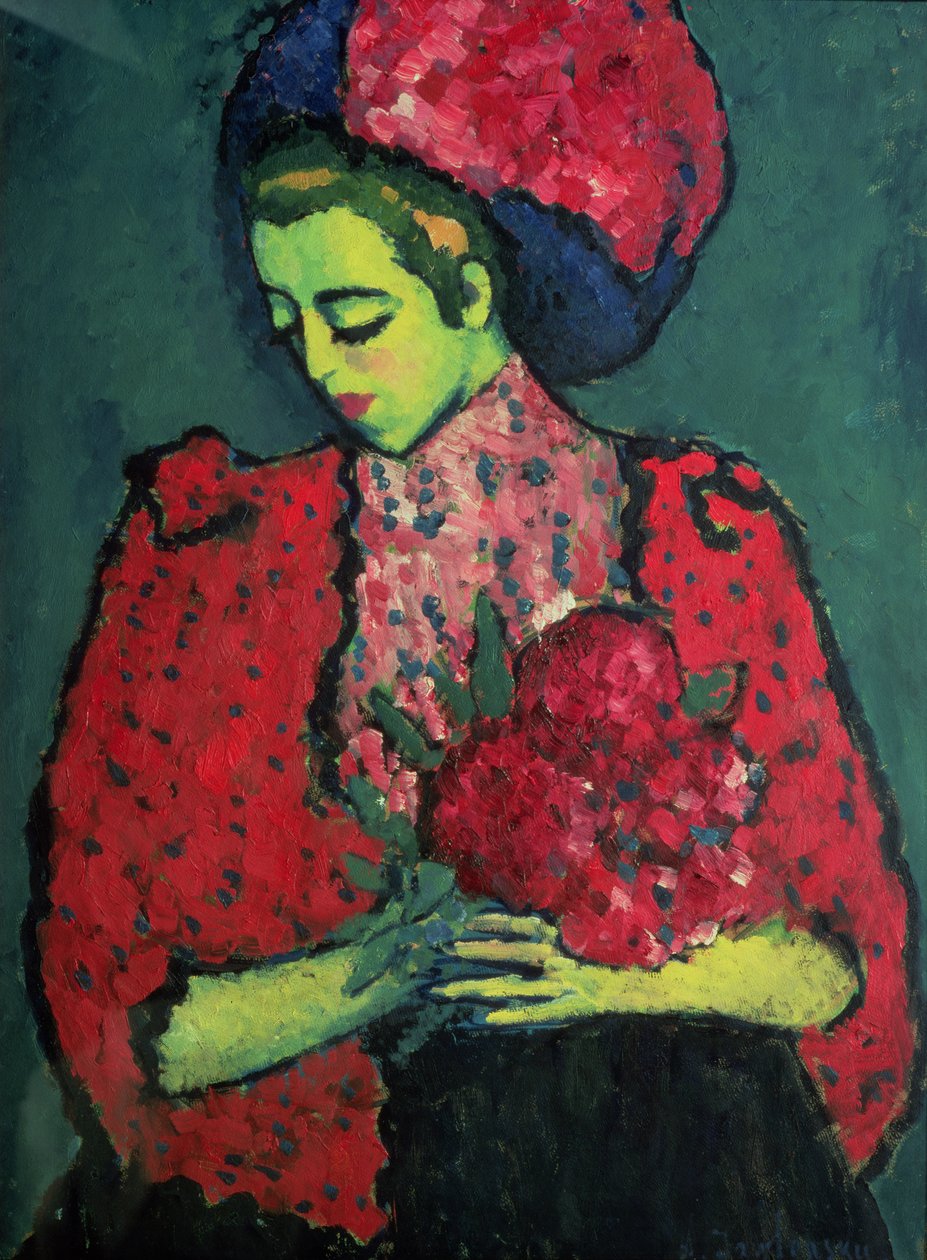 Nuori tyttö pionien kanssa, 1909 tekijältä Alexej von Jawlensky