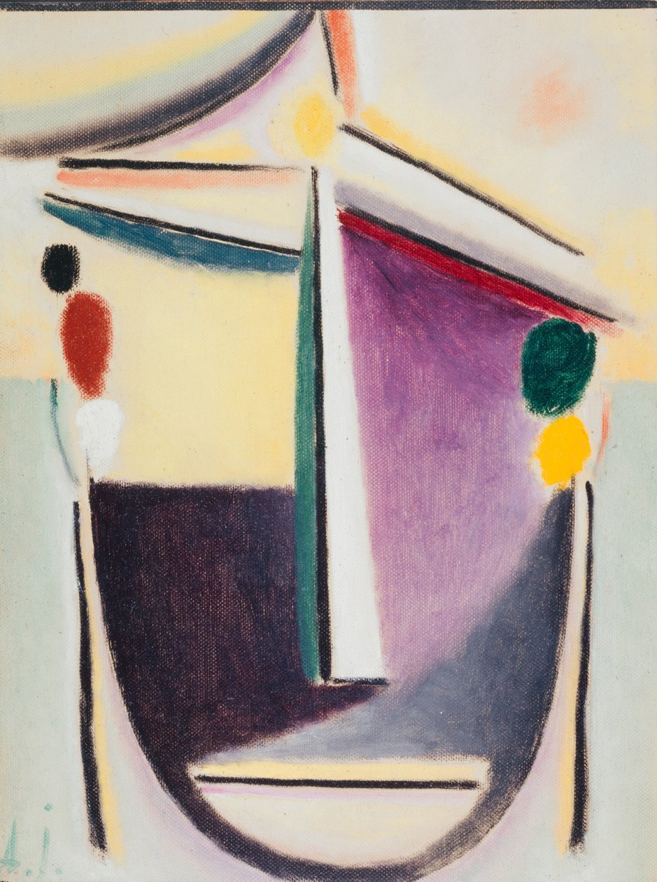 Abstrakti pää: musta-kelta-violetti, noin 1922 (öljy kartongille). tekijältä Alexej von Jawlensky