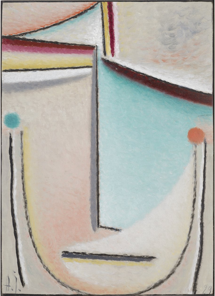 Abstrakti pää: vaaleanpunainen-vaaleansininen, 1929 (öljy kartongille) tekijältä Alexej von Jawlensky