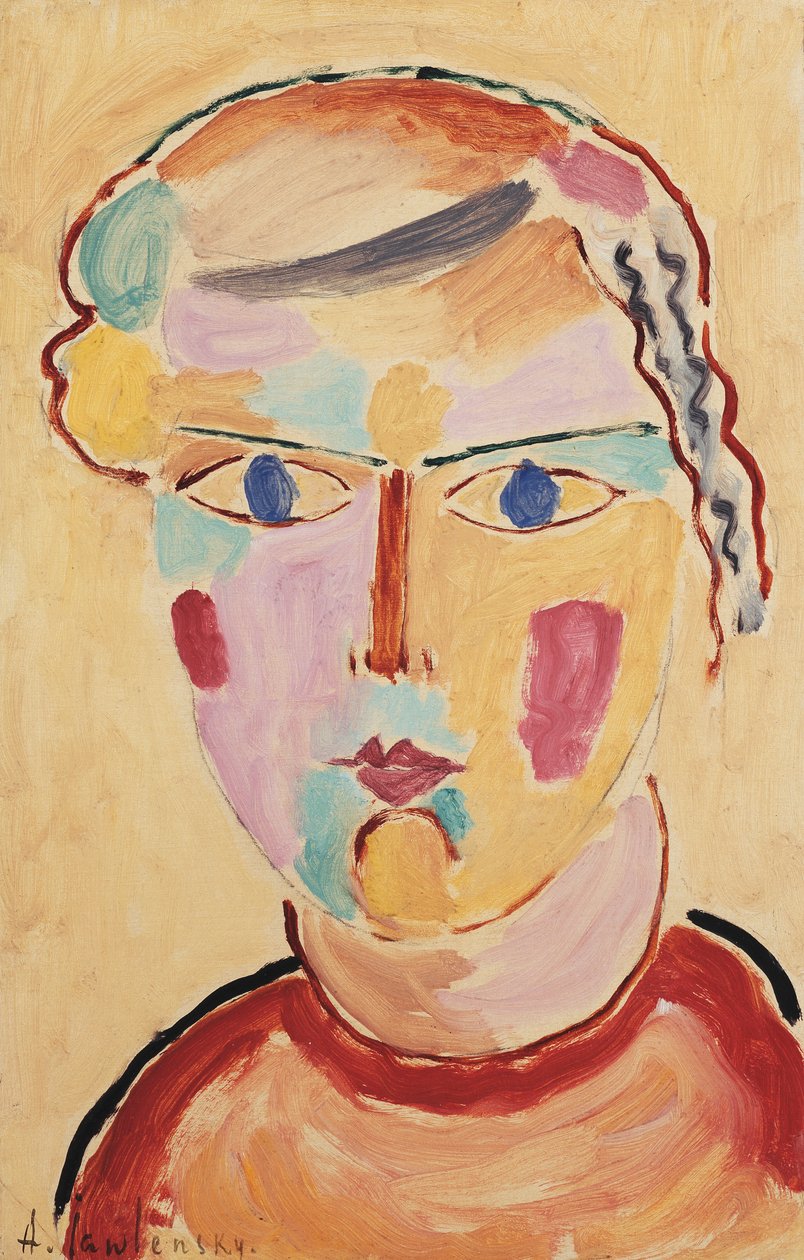Tyttö, ulkonäöltään kirkas; Tytön pää, kirkas ilmestys, 1916 tekijältä Alexej von Jawlensky