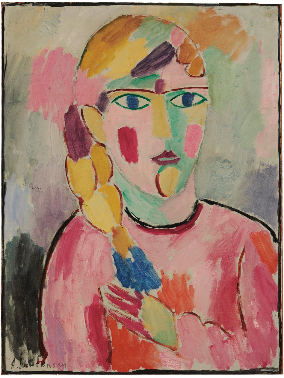 Tyttö, jolla on siniset silmät ja poninhäntä; Tyttö, jolla on sinisilmäinen ja sassi, n. 1916 tekijältä Alexej von Jawlensky