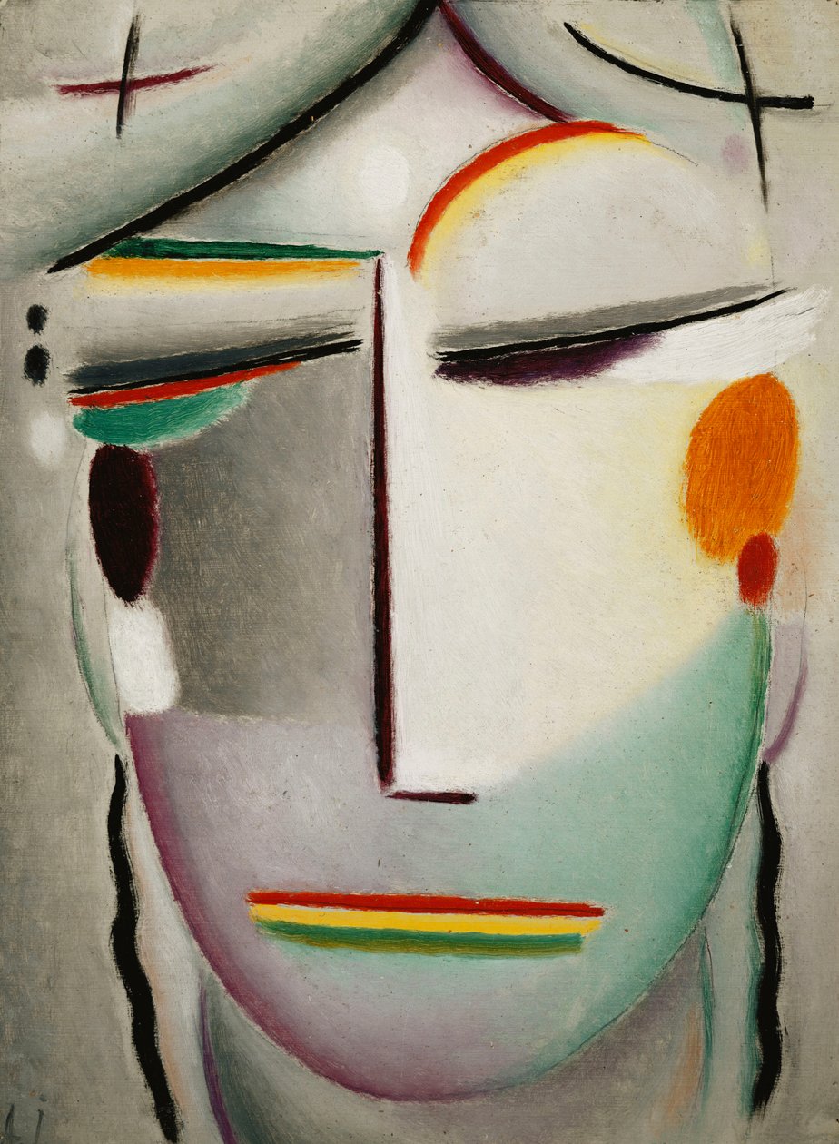 Vapahtajakasvot: Remote King - Buddha II; Vapahtajan kasvot: Kaukainen korkeus - Buddha II, n. 1921 tekijältä Alexej von Jawlensky
