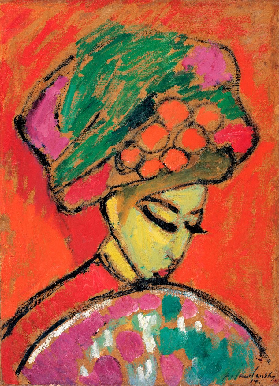 Nuori tyttö kukkahattu - Aleksei von Javlenskyn (1864-1941) öljymaalaus pahville, 67,5x49 cm tekijältä Alexej von Jawlensky