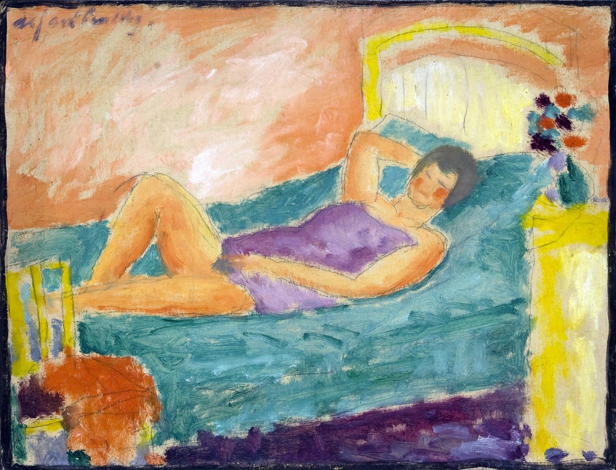 Tyttö makaa. (Valehteleva tyttö). Aleksei von Javlenskin (Alexi von Jawlensky, Alexej von Javlenski) (1864-1941) työ. öljyä pahville tekijältä Alexej von Jawlensky