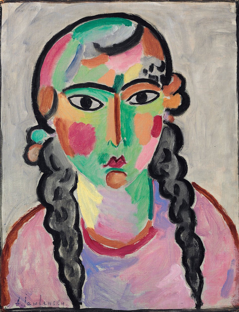 La fille pale aux tresses grises - Kalpea tyttö harmailla pigtailsilla, kirjoittanut Alexej von Jawlensky (Javlensky) (1864-1941). Öljy paperille, c. 1916. Mitat : 63,5x49,5 cm. Yksityinen kokoelma tekijältä Alexej von Jawlensky