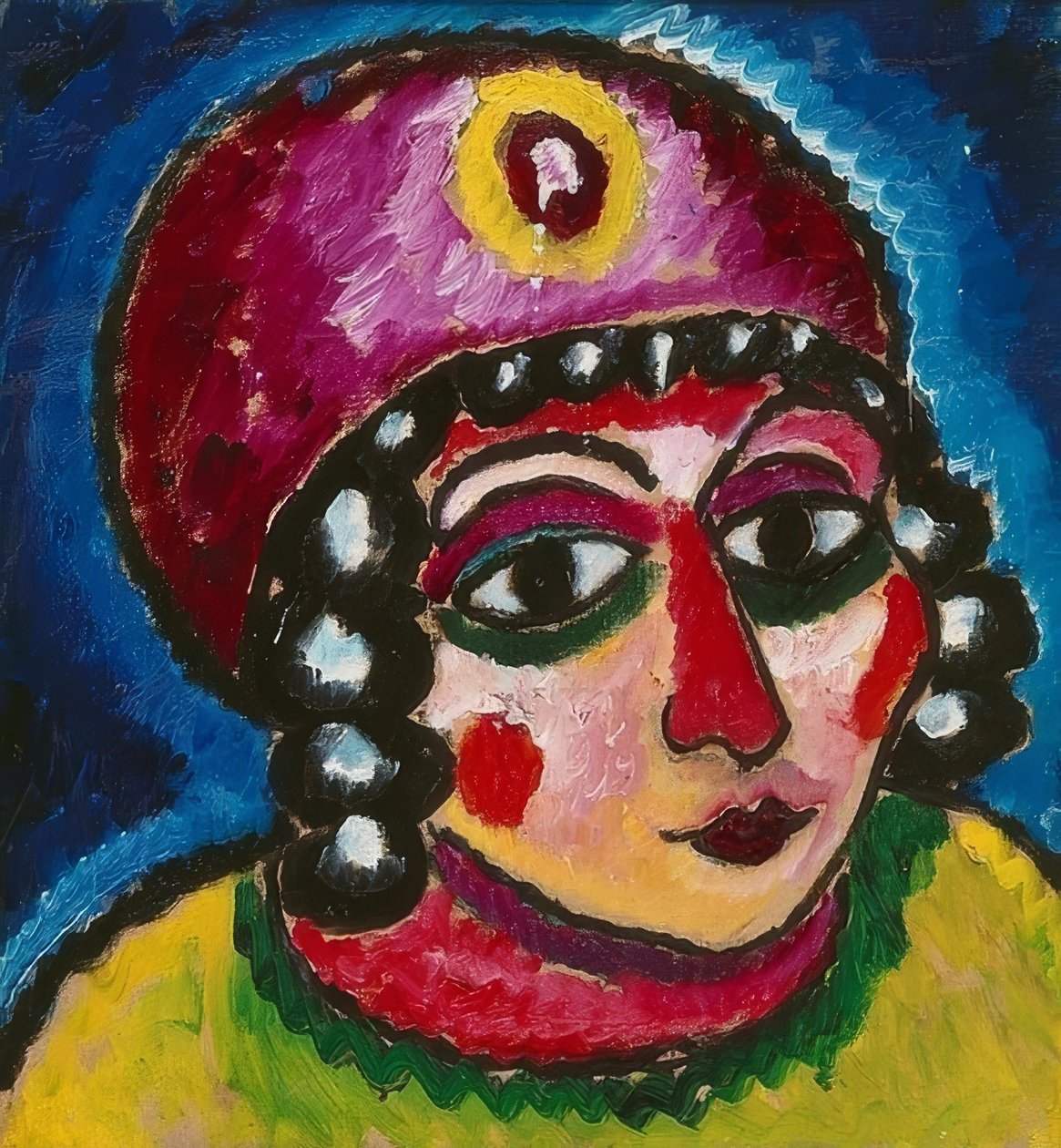 Tytön pää punaisella turbaanilla ja keltaisella agraffella (barbaariprinsessa). Noin 1912 tekijältä Alexej von Jawlensky