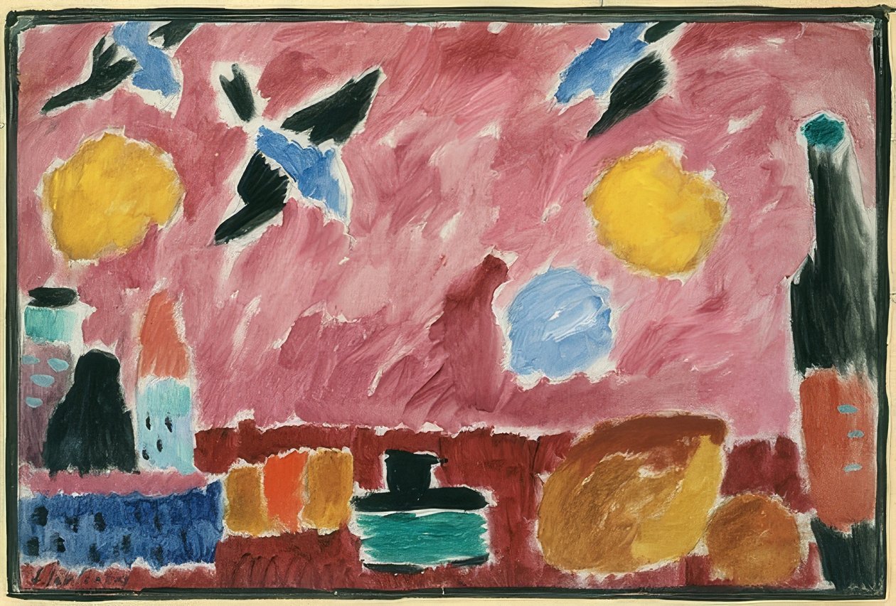 Punaisella nielellä tapetilla (asetelma pullon, leivän ja punaisen pääskysen tapetilla). 1915 tekijältä Alexej von Jawlensky