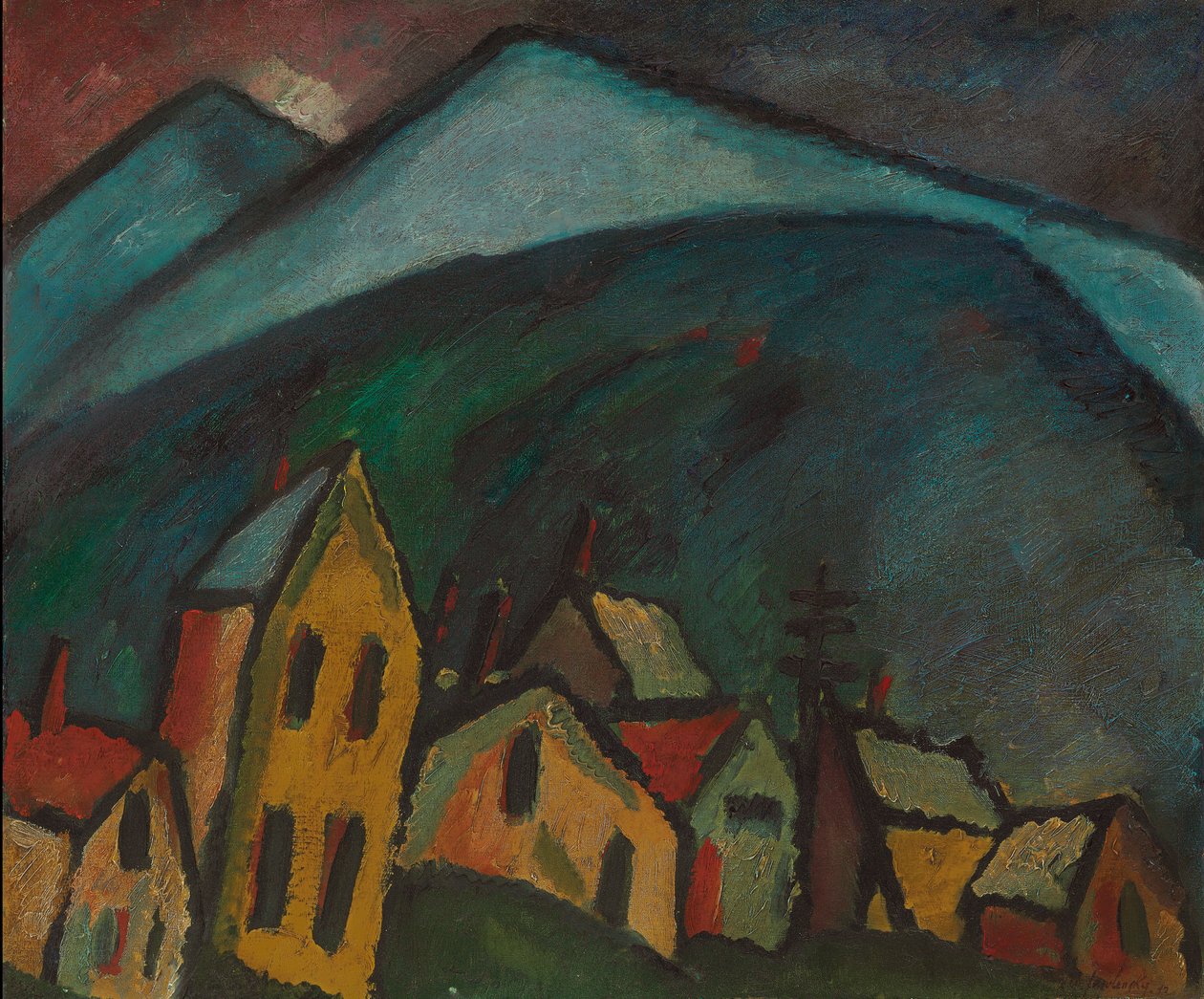 vuoristomaisema taloineen; Vuoristomaisema taloineen, 1912 tekijältä Alexej von Jawlensky