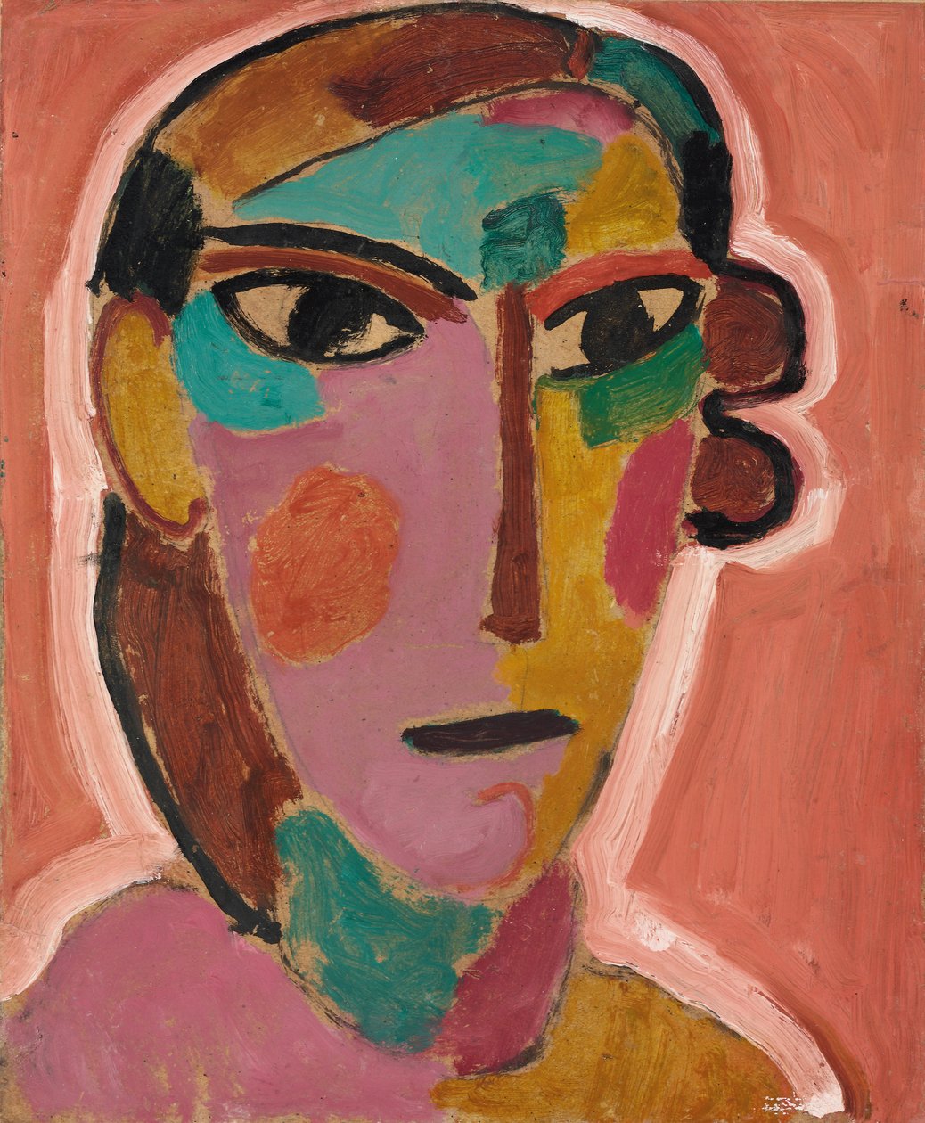 Mystinen pää: Naisen pää punaisella taustalla, n. 1917 tekijältä Alexej von Jawlensky