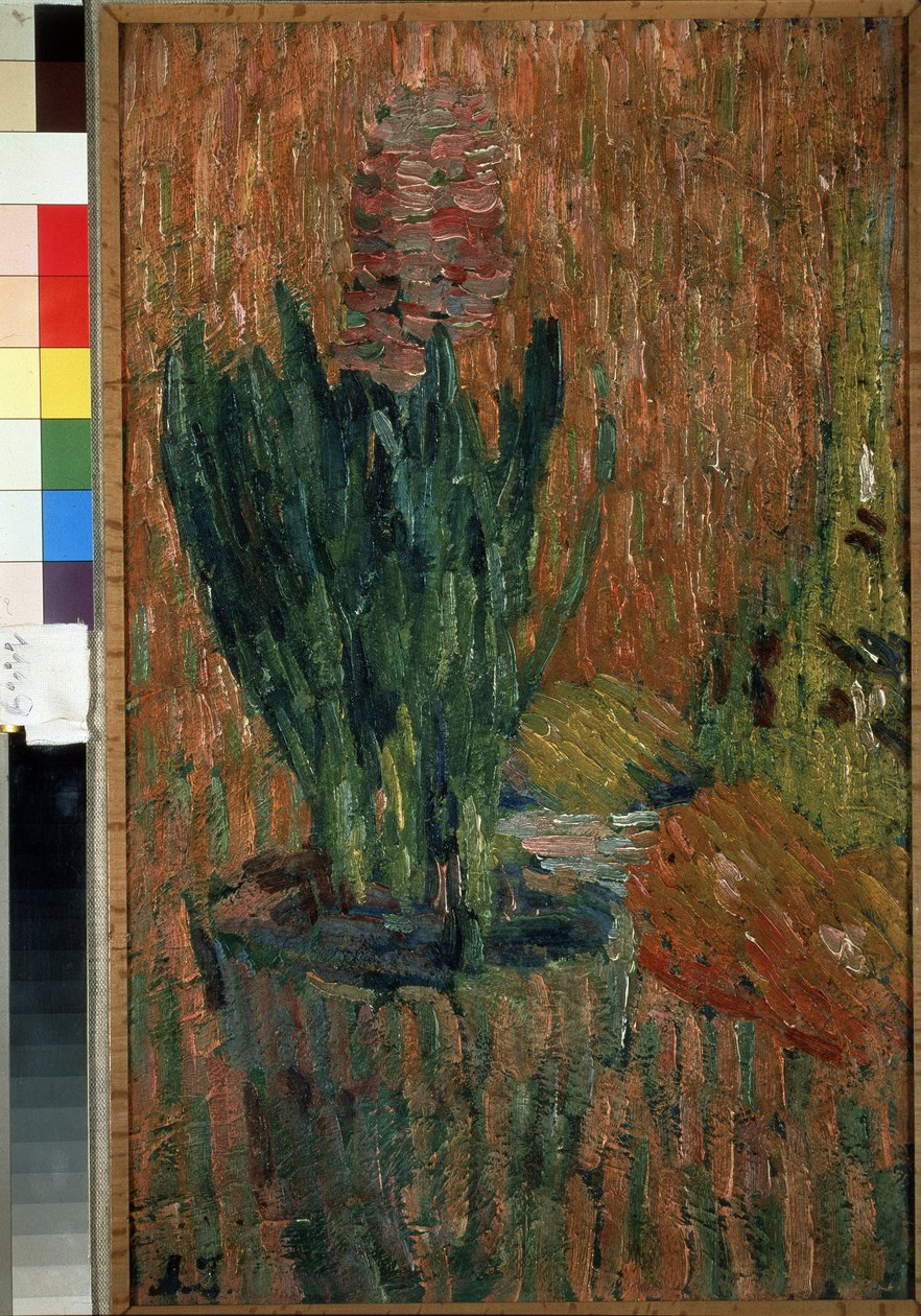 Nature morte (Asetelma). Ruukkukukka pöydän kulmassa. Aleksei von Javlenskyn (Alexi von Jawlensky, Alexej von Javlenski) (1864-1941) työ, öljy pahville tekijältä Alexej von Jawlensky