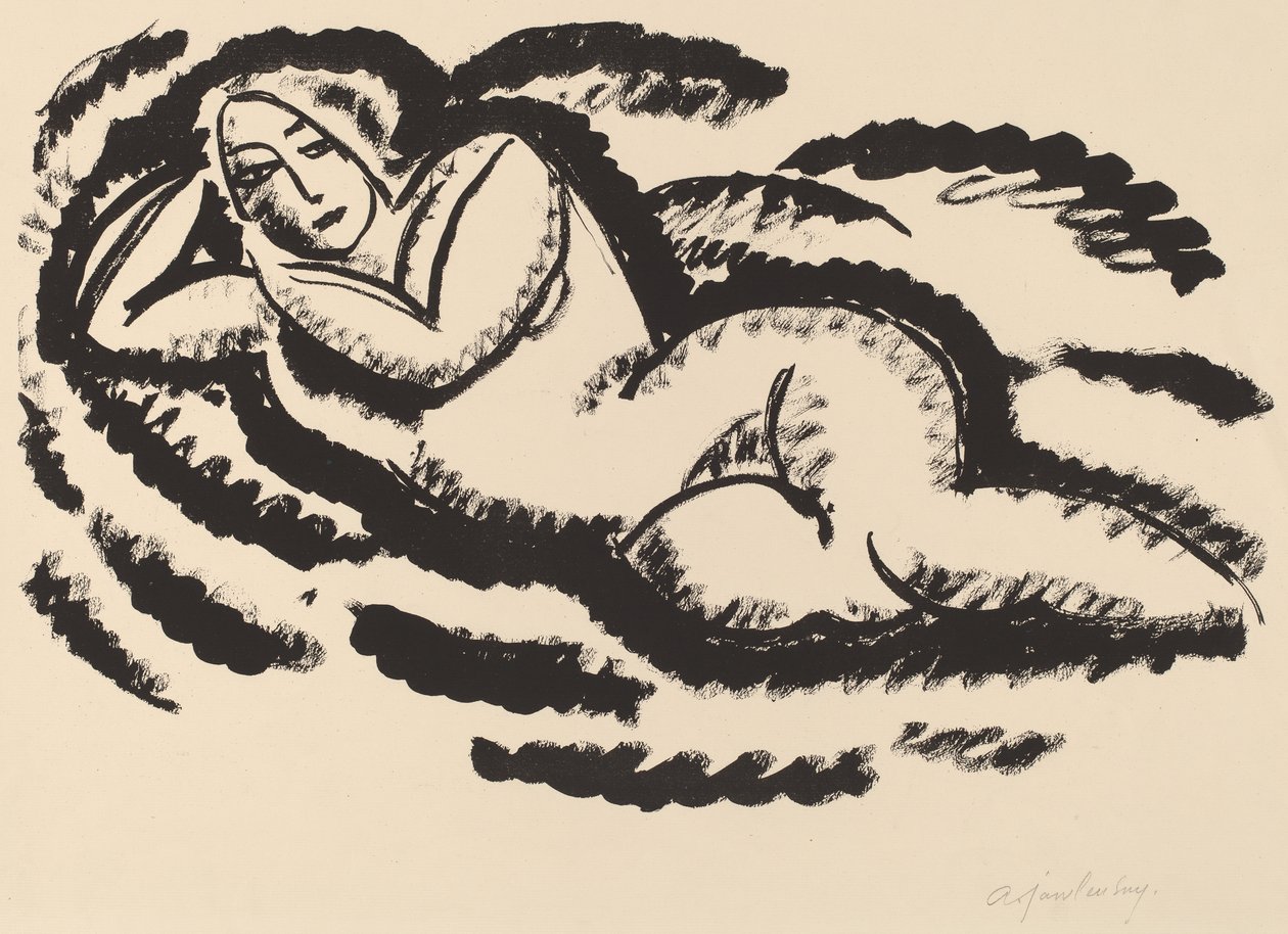 Makaava alastonkuva, n. 1912 (mustalla litografia paperille) tekijältä Alexej von Jawlensky