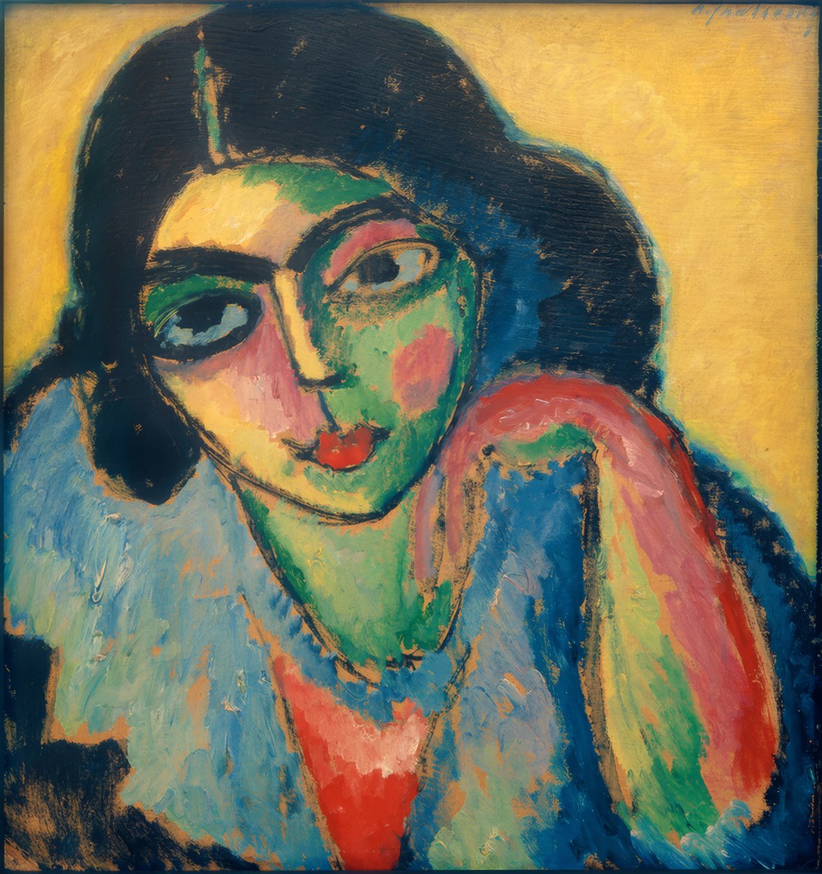 Mustat hiukset keltaisella taustalla tekijältä Alexej von Jawlensky