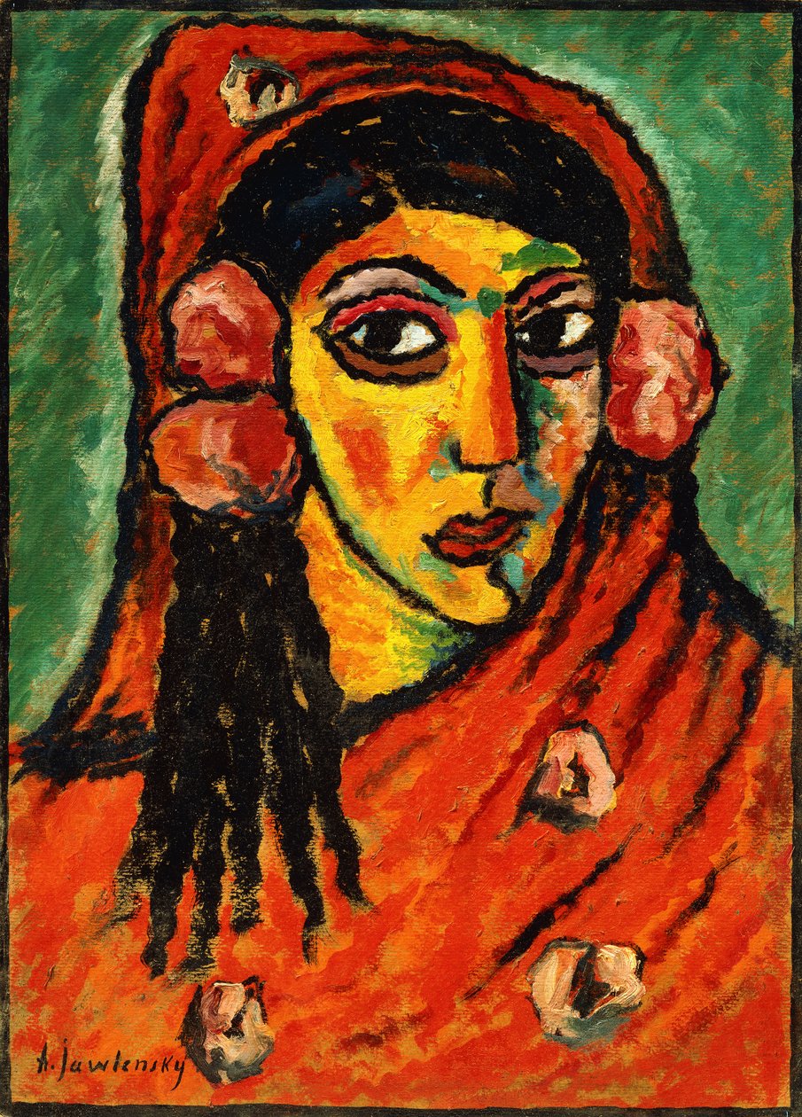 espanjalainen tyttö punaisella huivilla; Espanjalainen nainen punaisella huivilla, n. 1912 tekijältä Alexej von Jawlensky