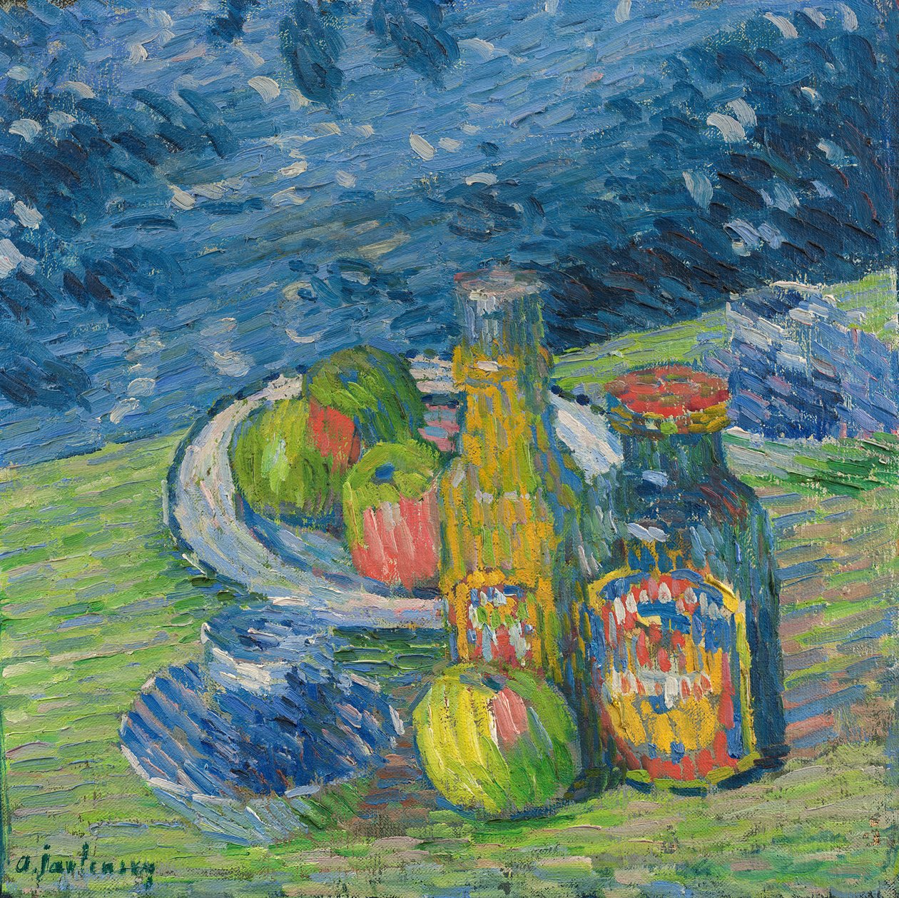 Asetelma pullojen ja hedelmien kanssa tekijältä Alexej von Jawlensky