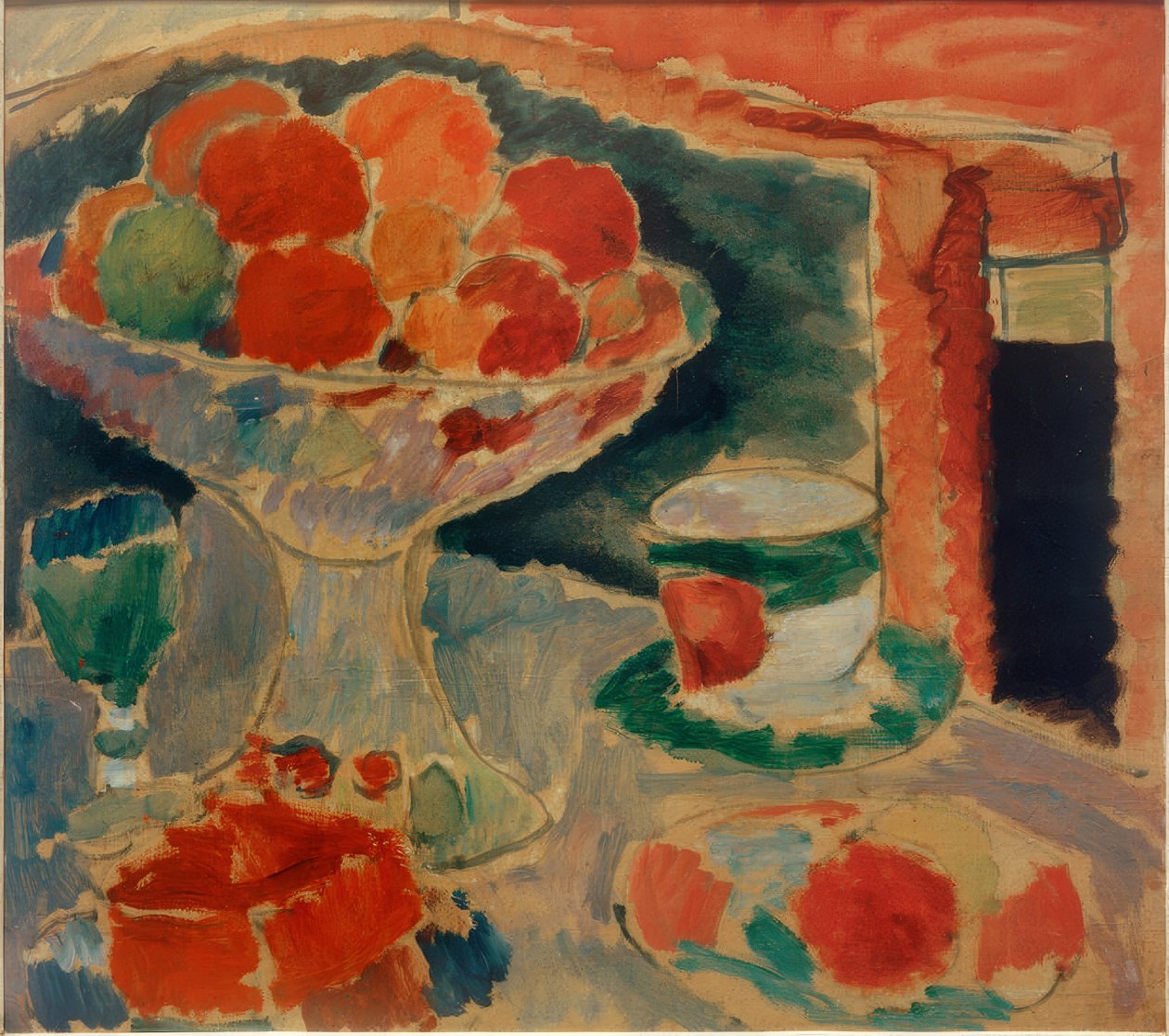 Still Life with Fruit Bowl, Bohemian Glass and Empire Cup (Still life with fruit bowl, Bohemian glass and Empire cup) tekijältä Alexej von Jawlensky