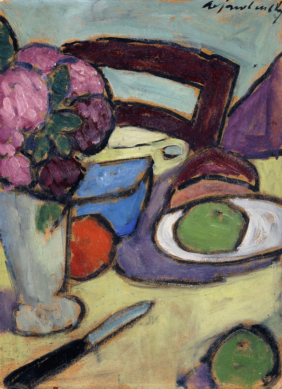 Asetelma tuolin ja kukkakimpun kanssa; Asetelma tuolin ja kukkakadun kanssa, 1906 tekijältä Alexej von Jawlensky