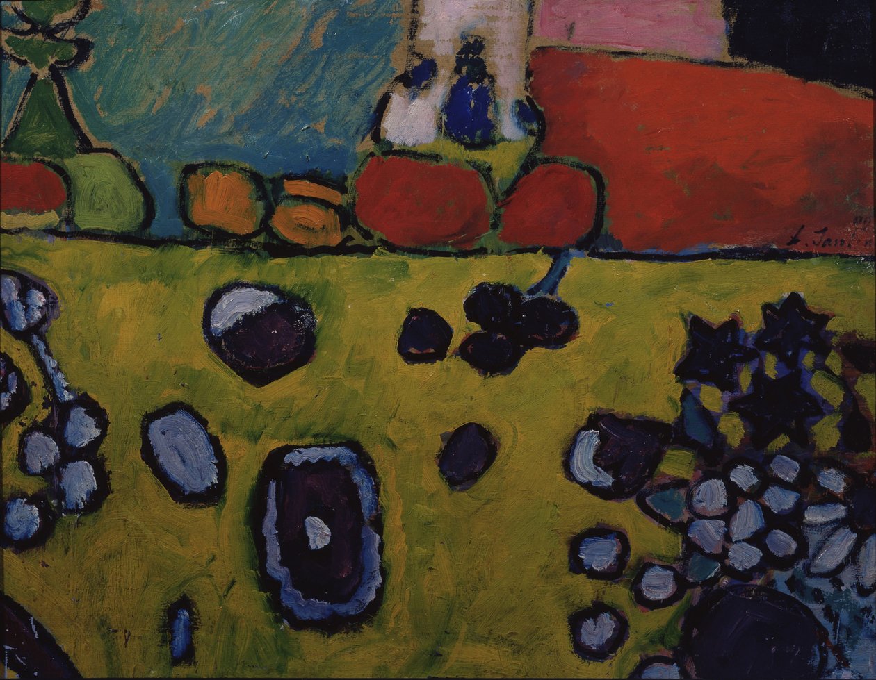 Asetelma värikkäällä pöytäliinalla, 1909 tekijältä Alexej von Jawlensky