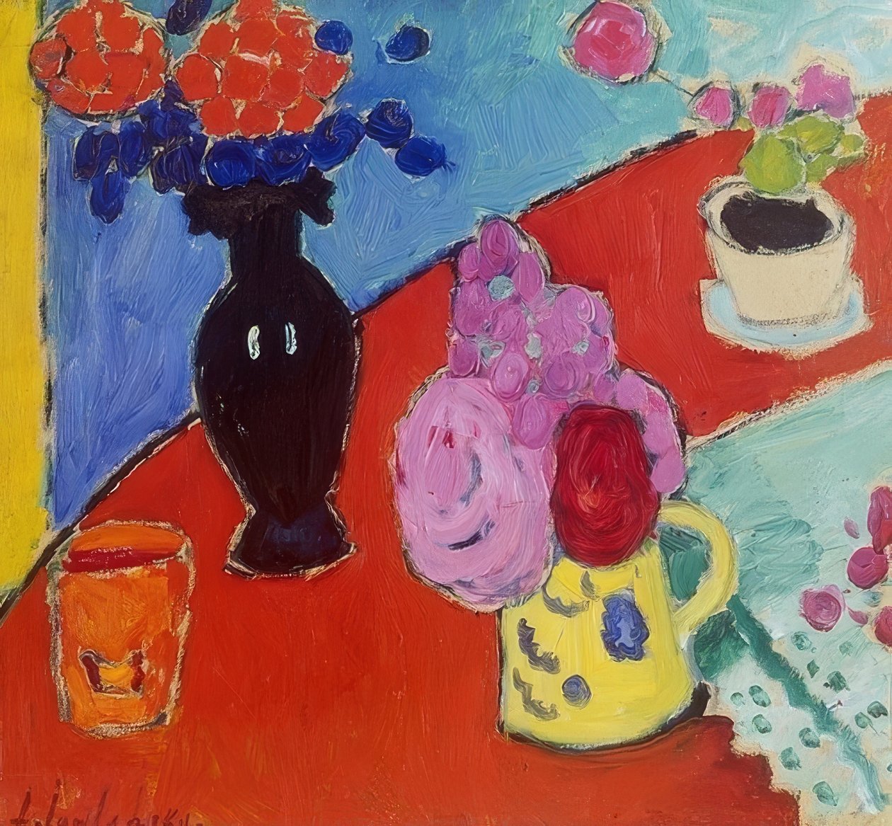 Asetelma maljakon ja kannun kanssa. 1909 tekijältä Alexej von Jawlensky