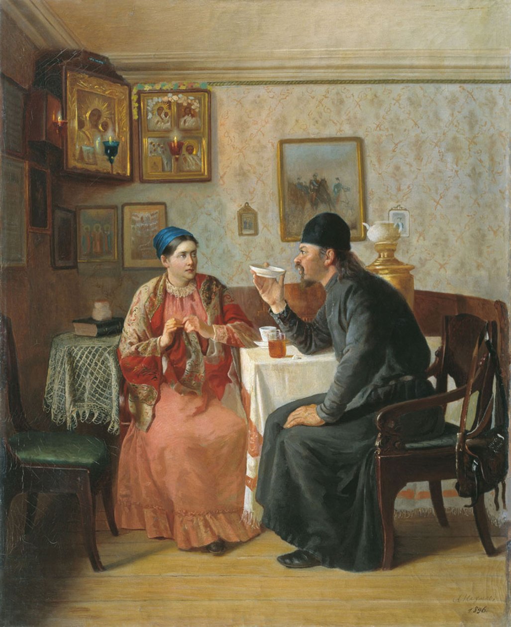 Teetä juomassa, 1895 tekijältä Alexey Avvakumovich Naumov