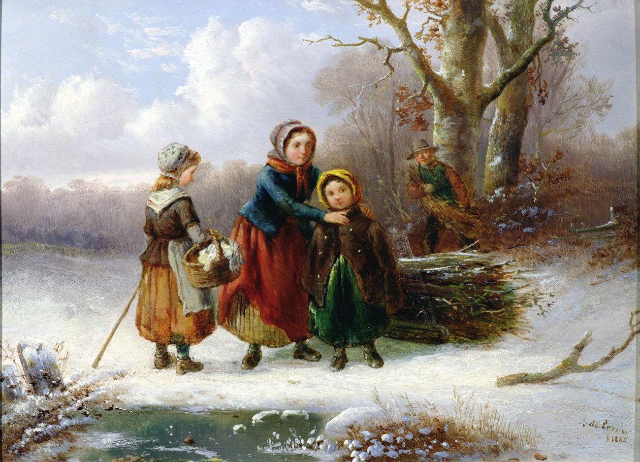 Kolme tyttöä talvimaisemassa, 1865 (98604 pari) tekijältä Alexis de Leeuw