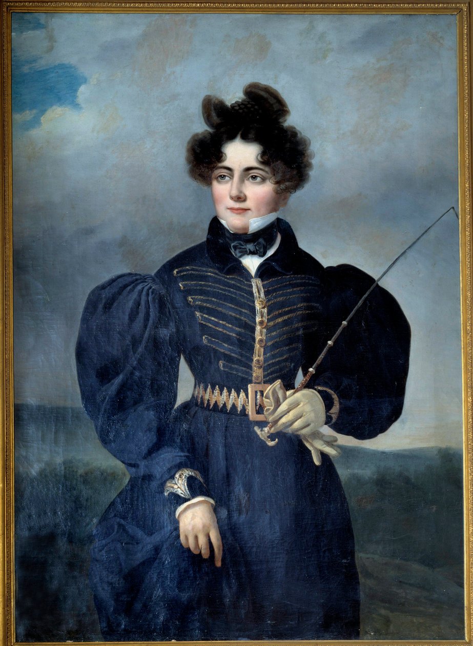 Muotokuva Sophie Dawesista, Feucheresin paronitar (1790-1840), metsästyspuvussa. Alexis Valbrunin (1803-1852) maalaus 1830 su. 1,3x0,91 m Chantilly, Musee Conde tekijältä Alexis Leon Louis Valbrun