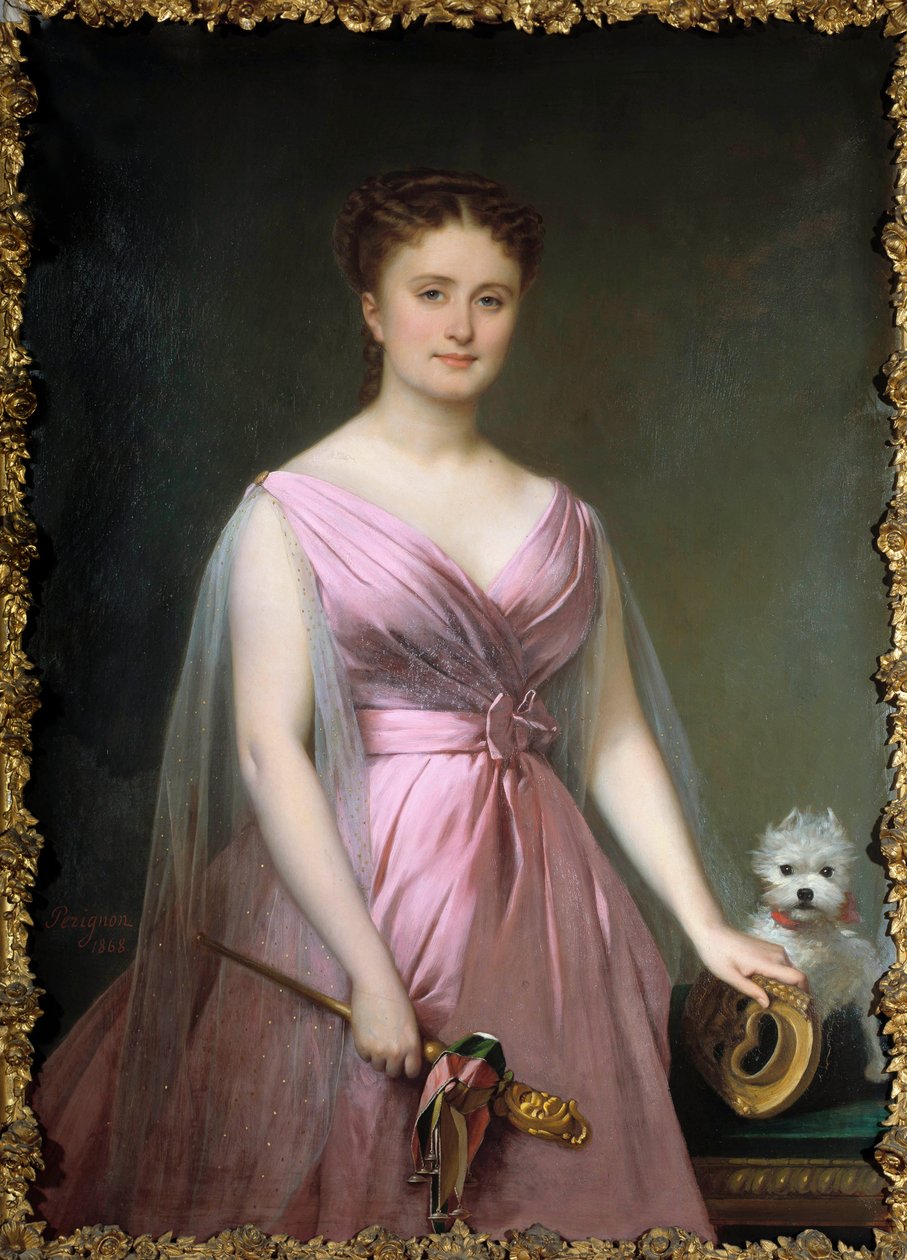 Teatterikoomikko Hortense Schneiderin (1833-1920) muotokuva hulluudessa Alexis Nicolas Perignon Nuoren (1785-1864) maalaus 1800-luvun aurinko. 1,5x0,5 m Compiegne musee du chateau tekijältä Alexis Nicolas Perignon