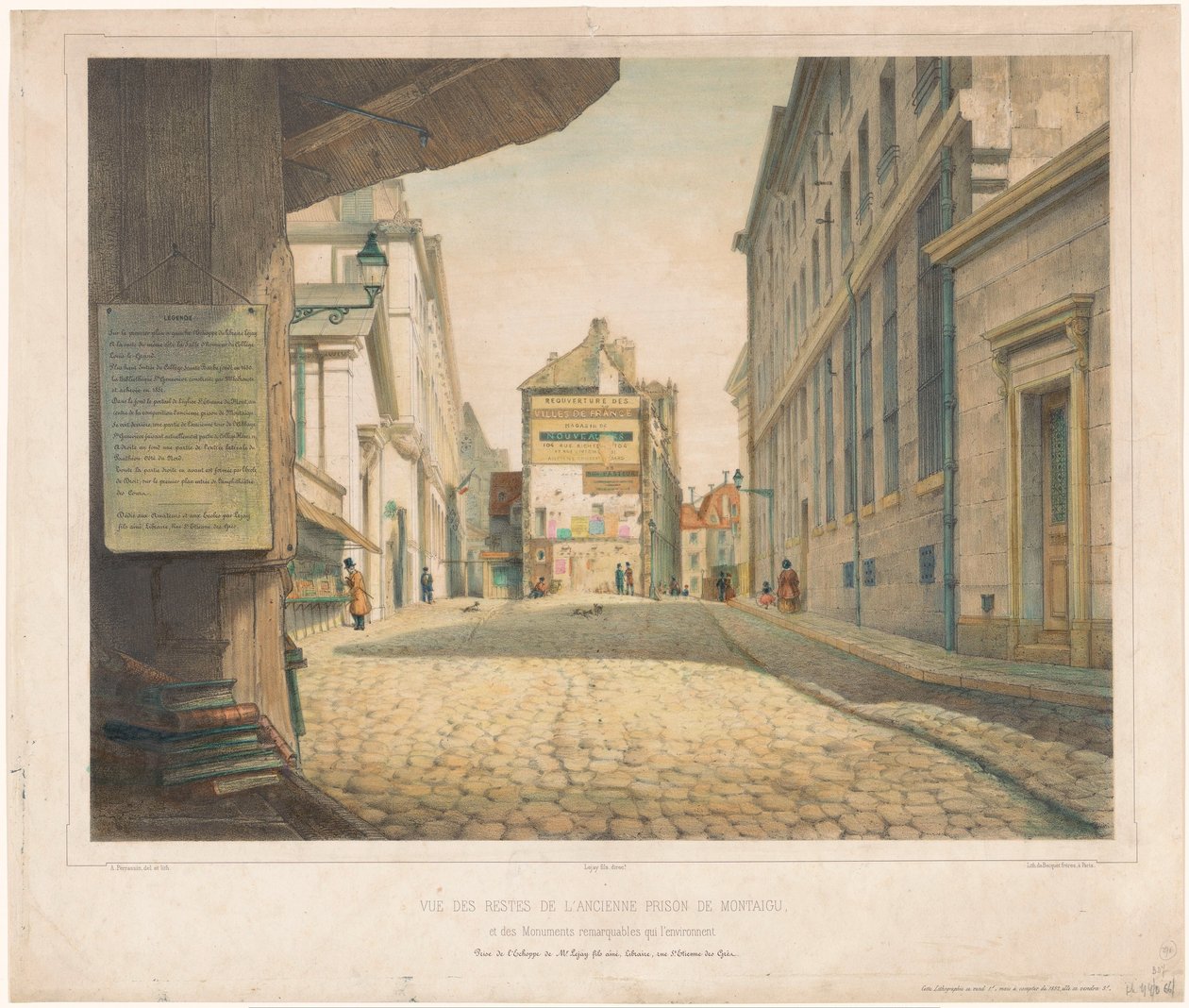 Gezicht op de Rue Saint-Étienne-des-Grès te Paris Näkymä Montaigun entisen vankilan raunioista ja sitä ympäröivistä merkittävistä monumenteista (otsikko esineessä) tekijältä Alexis Perrassini