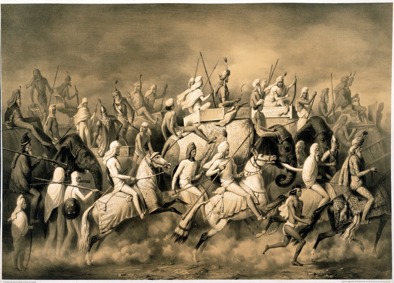 Punjabin Maharaja Sher Singh ja hänen seurueensa metsästämässä, kuvitus teoksesta "Travels In India While The Years" tekijältä Alexis Prince Soltykoff