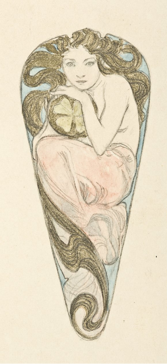 Pienoisprojekti suuren bodice-lukon riipukseen, c. 1900. tekijältä Alfons Marie Mucha