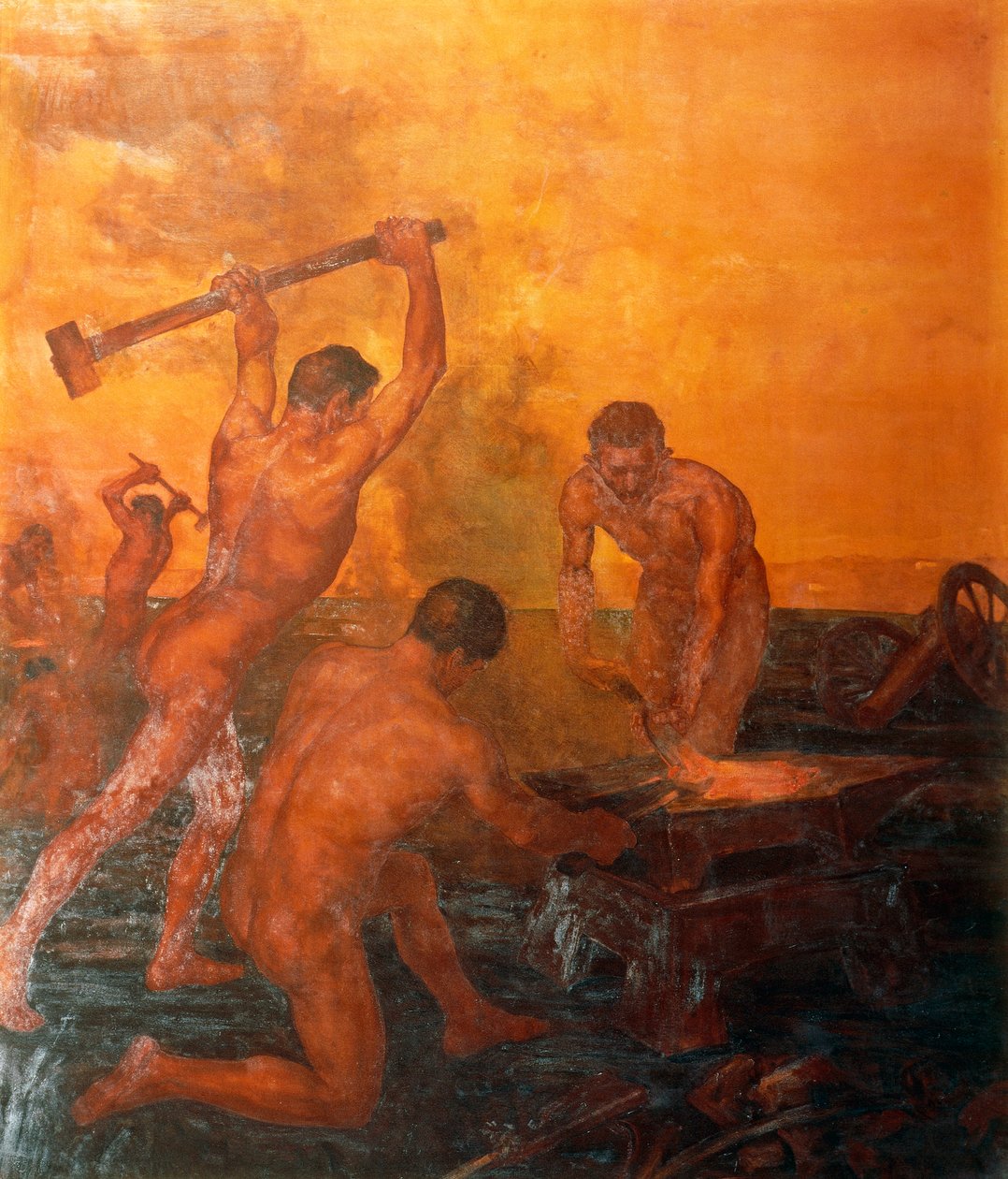 Railwaymen-triptyykin vasen paneeli tekijältä Alfonso Quarantelli