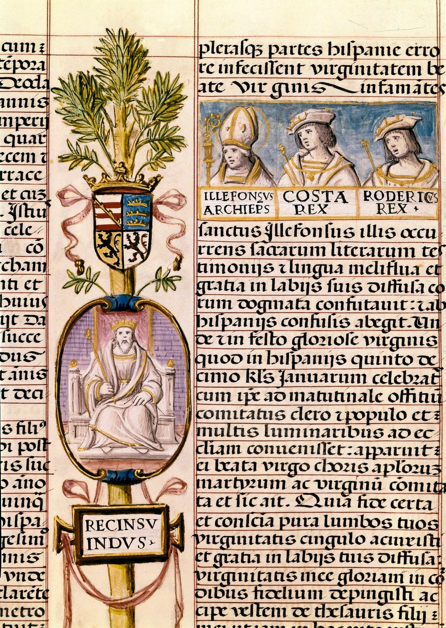 Espanjan visigoottien kuninkaan Flavius ​​Recceswinthin muotokuva vuodesta 653 kuolemaansa vuonna 672, miniatyyri elokuvassa "Espanjan kuninkaiden sukututkimus" tekijältä Alfonso de Cartagena