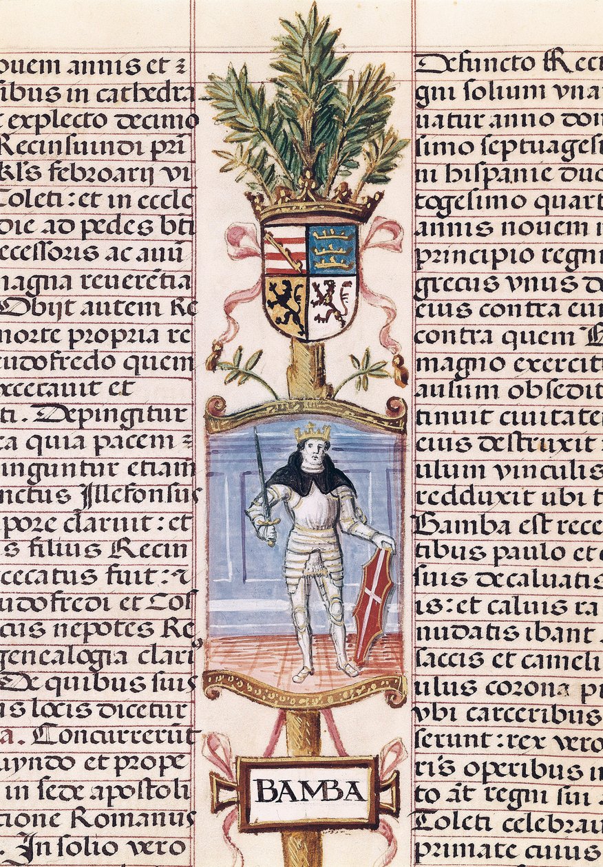 Visigoottien kuningas Wamba (k. 688, Espanjan kuningas 672-680/681, Alonso de Cartagenan "Espanjan kuninkaiden sukututkimus") tekijältä Alfonso de Cartagena