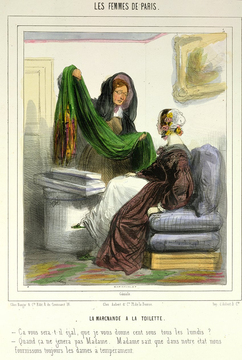 Kangasmyyjä, levy 5 Les Femmes de Parisista, 1841-42 tekijältä Alfred Andre Geniole